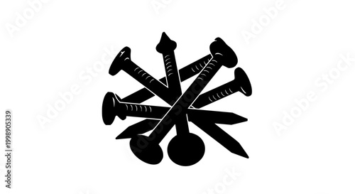 Black Silhouette of a Pile of Construction Nails Isolated on White Background