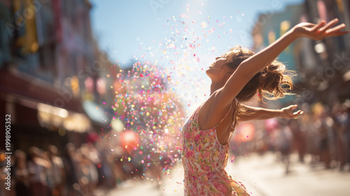 Woman dancing with colorful confetti at Festival Internazionale del Teatro di Strada event in a lively street scene