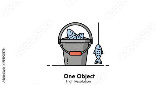 Fishing bucket with fresh fish and a dangling fish on a line, high resolution illustration