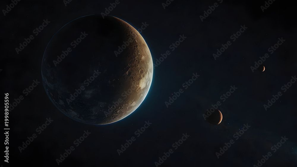 Obraz premium Mysterious Crescent Planet with Moons in Deep Space Darkness