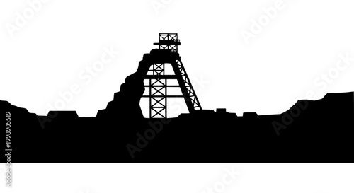 Silhouette of a Mining Headframe and Industrial Shaft Landscape