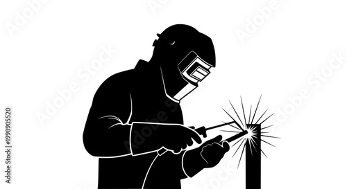 Silhouette of a professional welder working with sparks on white background