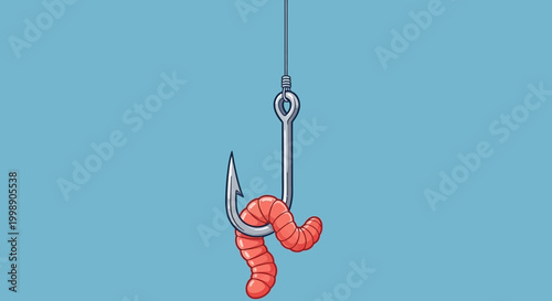 Fishing hook with a live worm bait, ready for catching fish, isolated on blue background