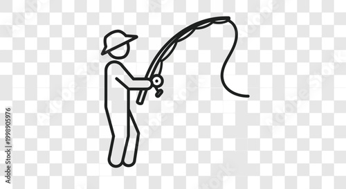Fisherman Icon, Simple Line Art of Person Fishing with Rod, Outdoor Hobby Vector