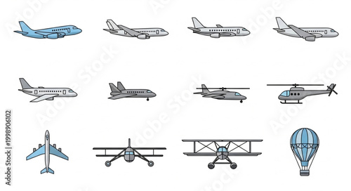 Collection of various aircraft and hot air balloon illustrations.