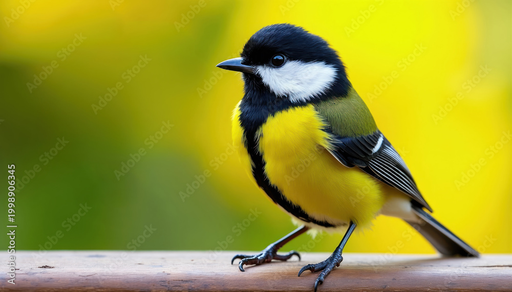 Fototapeta premium Great tit bird, yellow and black plumage, perches on wooden surface. Background shows bright yellow and green blur. Small songbird in detail.