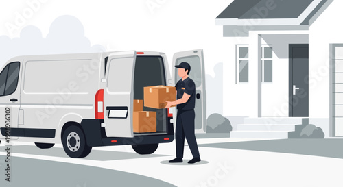 Delivery man unloading boxes from a van to a house, logistics and shipping concept