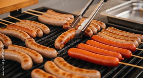 Variety of sausages and hot dogs cooking on outdoor charcoal grill being flipped with metal tongs.
