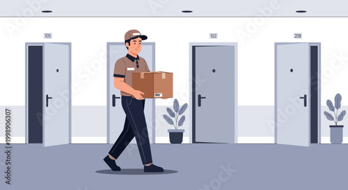 Delivery person carrying package in apartment building hallway with open doors