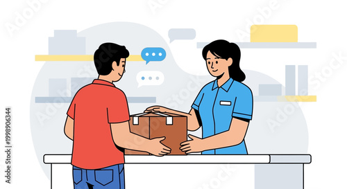Delivery person hands package to customer at counter, logistics, shipping, receiving