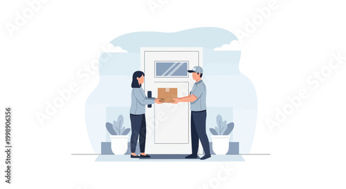 Delivery person hands package to woman at front door, doorstep delivery, e-commerce service
