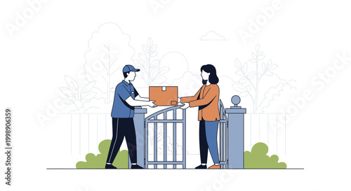 Delivery person hands package to woman at gate, contactless delivery, e-commerce concept