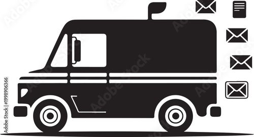 Black silhouette of a mail truck delivering letters