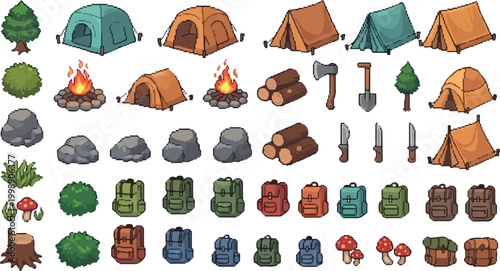 Camping equipment vector icons set, outdoor adventure gear collection with tents and backpacks, wilderness survival tools and forest nature elements