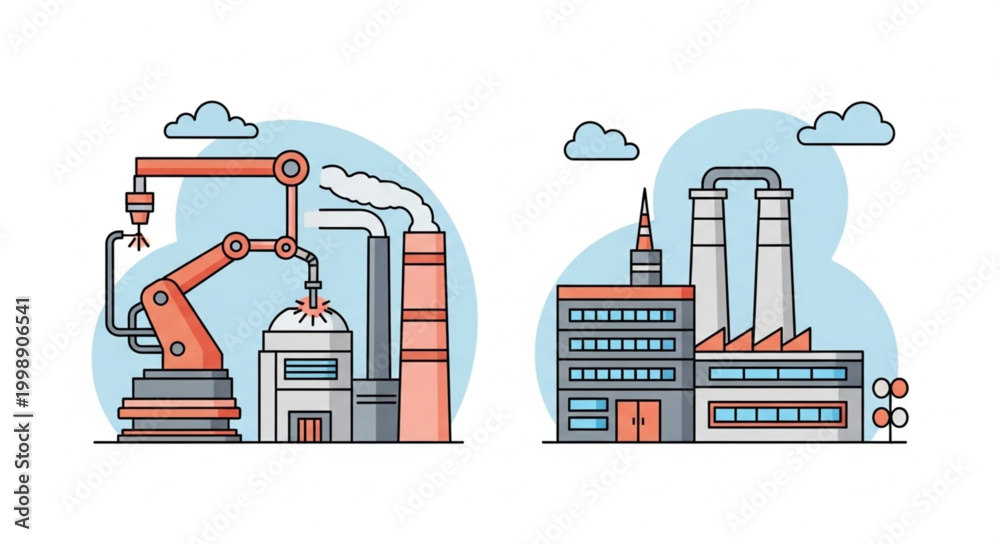 Naklejka premium Modern industrial factory with robotic arm and smokestacks.