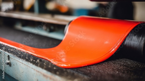 Molten orange rubber compound flowing smoothly into industrial rollers for manufacturing processes