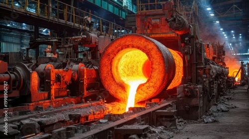 Molten Metal Pouring from Incandescent Furnace in Industrial Steel Foundry Production