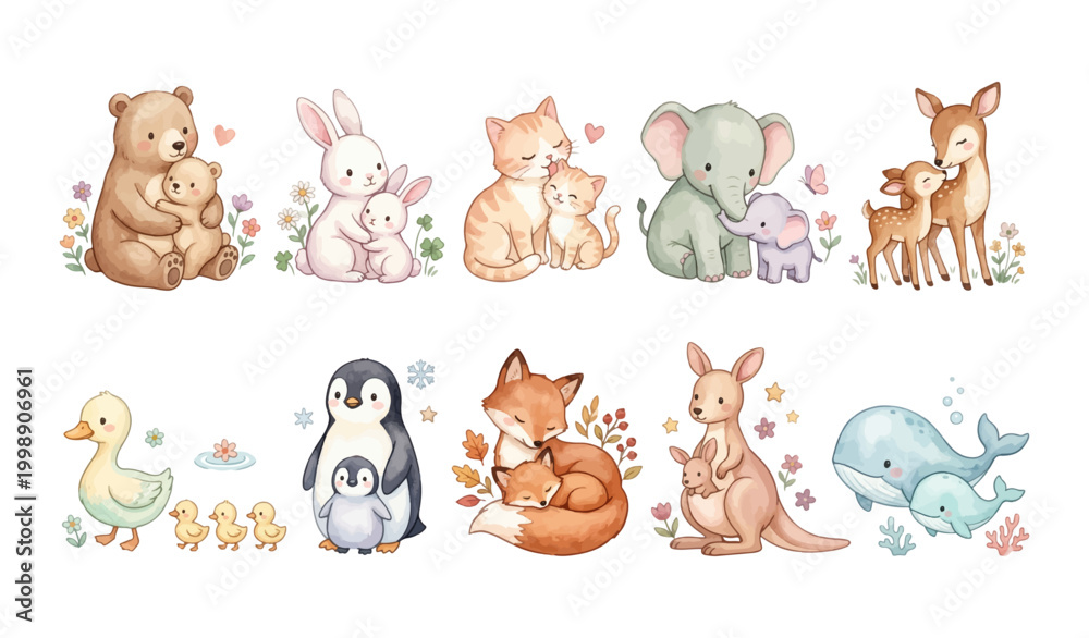 Naklejka premium Watercolor Mother & Baby Animal Clipart Set — 10 Cute Wildlife Bear Rabbit Cat Elephant Fox Nursery Illustration