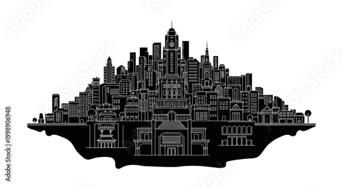 Floating City Silhouette with Detailed Architecture ? Urban Concept