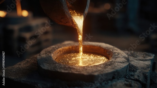 Molten gold being poured into a rough casting mold with glowing liquid metal flowing