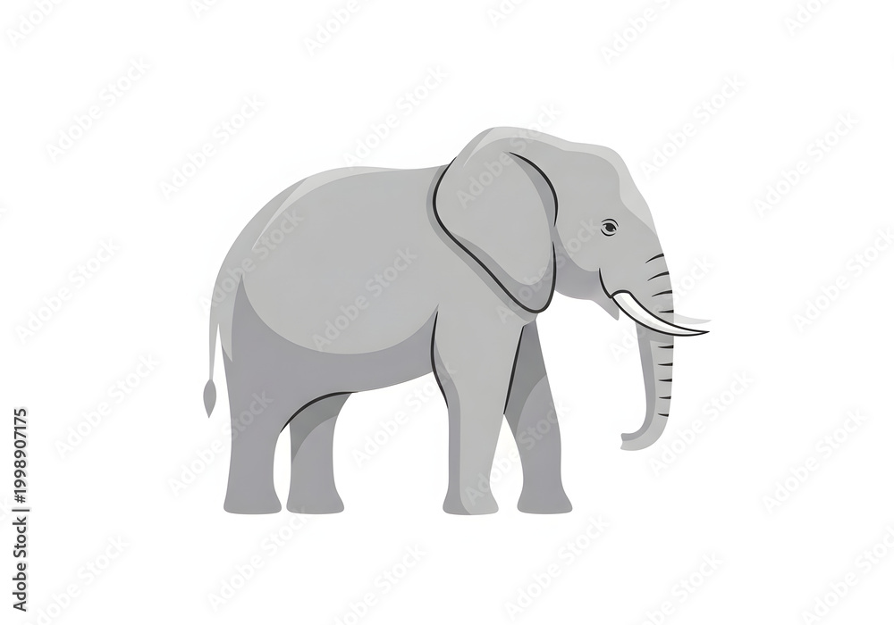 Obraz premium A detailed illustration of a majestic grey elephant with tusks, standing proudly against a white background, showcasing its impressive size and gentle nature