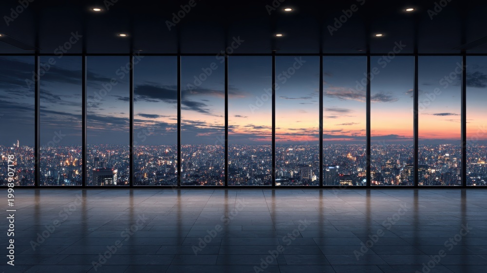 Fototapeta premium Panoramic Cityscape View From Modern Office Window at Dusk