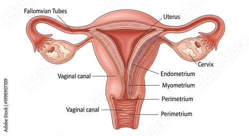 Anatomical illustration of the female reproductive system, detailing the uterus, fallopian tubes, cervix, and vaginal canal