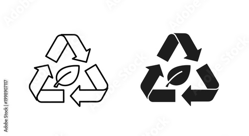 Eco-friendly recycle symbol with leaf, sustainable waste management icons, black and white circular arrows vector set for environmental packaging