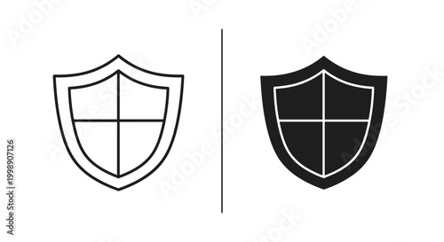 Minimalist shield icon set in outline and solid styles, security and protection symbols, black and white heraldic crest vector graphics