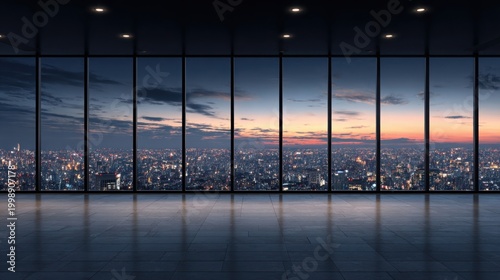 Panoramic Cityscape View From Modern Office Window at Dusk