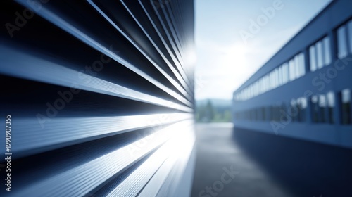 Modern minimalist horizontal slat barrier construction on a building exterior with sunlight and reflections