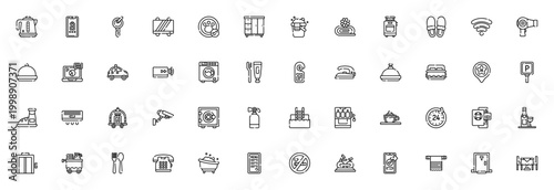 Hotel Service icon set. Vector illustration of hotel amenities and facilities. Includes symbols for kettle, key, breakfast, parking, wifi, pool, luggage, elevator and more. Editable stroke.