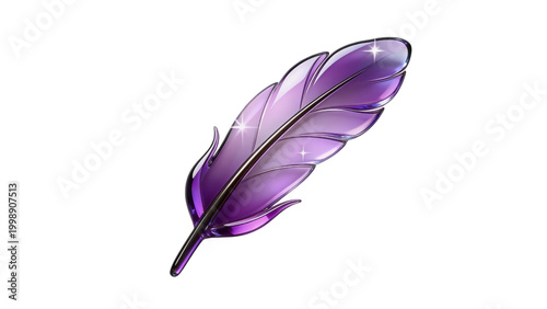 3D illustration of a purple magic feather, fantasy quill or mystical bird plume element