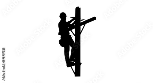 Silhouette of a utility lineman worker on a power pole isolated on white background