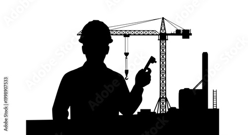Silhouette of construction worker with crane on white background