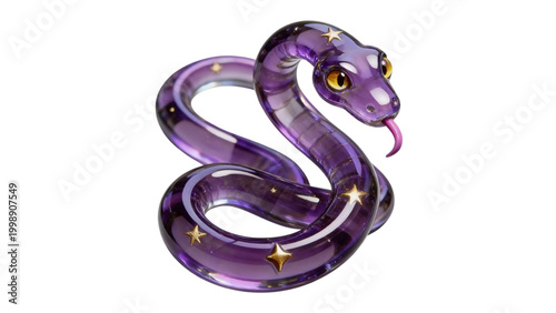 3D stylized purple snake with gold stars, mystical serpent or fantasy animal character design