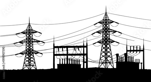 Silhouette of electrical power plant substation and high voltage transmission towers
