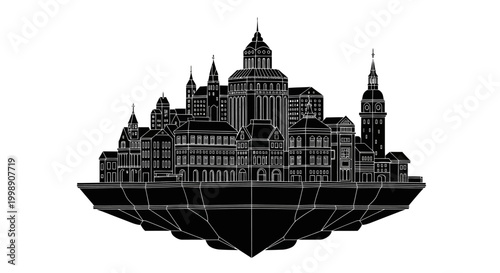 Floating fantasy city silhouette on isolated black background