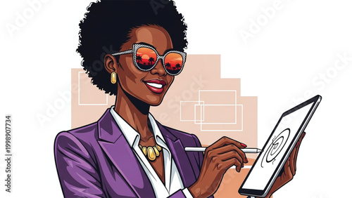 A woman with dark skin and short hair wearing sunglasses and a purple blazer using a tablet and stylus isolated on white background.