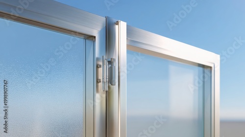 Detail of a modern aluminum framed frosted glass entryway door section with visible hinge