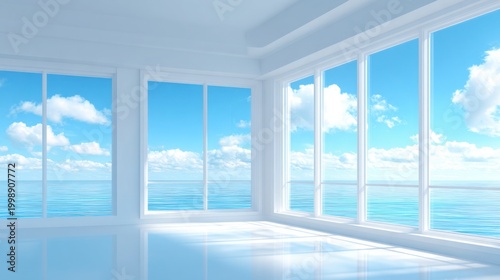 Modern frameless glass windows offering panoramic ocean and sky views in a bright, airy interior space