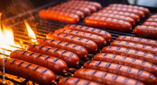 Grilled sausages arranged on black metal grill grate with bright fire flames and visible heat glow.