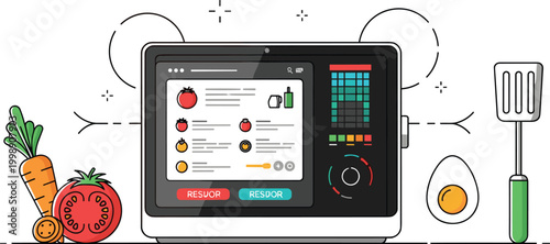Smart kitchen appliance with digital cooking interface flat vector illustration for modern food technology