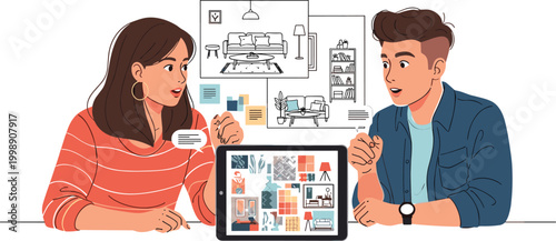 Couple discussing interior design ideas with tablet flat vector illustration for home decor planning