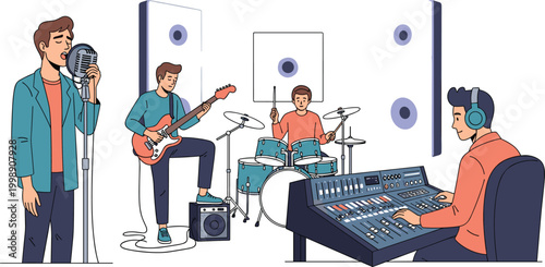 Music band recording song in studio flat vector illustration for entertainment and audio production