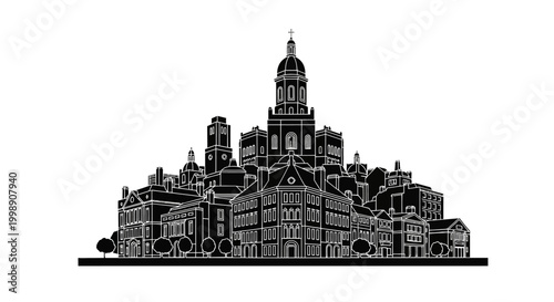 Fribourg City Skyline Silhouette in Minimalist Black and White