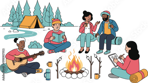 Friends camping around bonfire in forest flat vector illustration for outdoor adventure and leisure