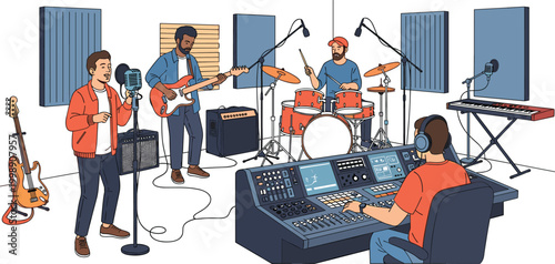 Music band recording in professional studio flat vector illustration for audio production and entertainment