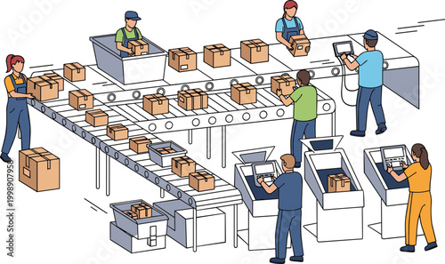 Warehouse workers sorting packages on conveyor belt flat vector illustration for logistics and shipping industry