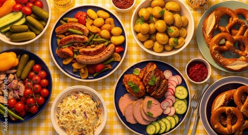 Bavarian feast assortment featuring grilled sausages bowl of potatoes pickles and soft knot pretzels.